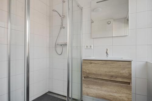 a bathroom with a shower and a sink at Bungalowpark Hoge Hexel in Hoge-Hexel