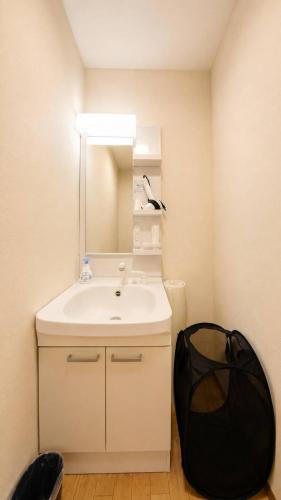a bathroom with a white sink and a mirror at 姫路駅から徒歩4分 最大13名に貸し切り一軒家 先姫亭 in Himeji