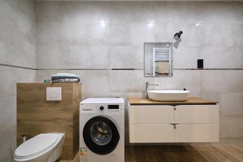 a bathroom with a washing machine and a sink at Apartament Gold 3 in Złotoryja