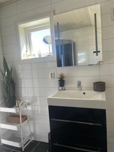 a bathroom with a sink and a mirror at Sjåen Panorama in Kragerø