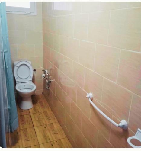 a bathroom with a toilet and a tiled wall at Villa Sounine Rafraf in Bizerte