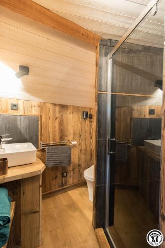 a bathroom with a shower and a sink at la Petite Grange Escouaraou in Melles