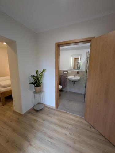 a room with a bathroom with a sink and a mirror at Landhotel Biberburg in Bad Liebenwerda