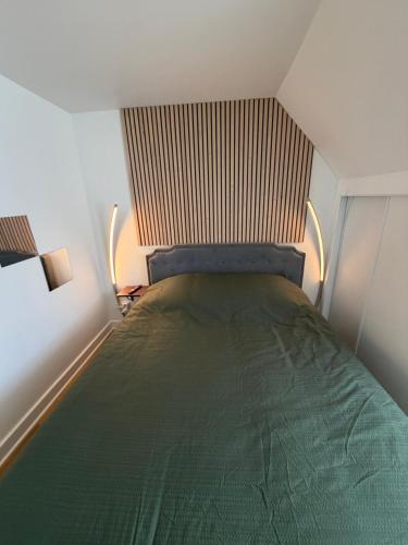 a bedroom with a green bed in a room at Le Cygne 2eme etage in Avranches