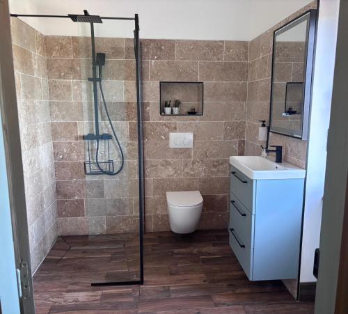 a bathroom with a shower and a toilet and a sink at La-Vialette Chambres d Hôtes in Mont-Roc