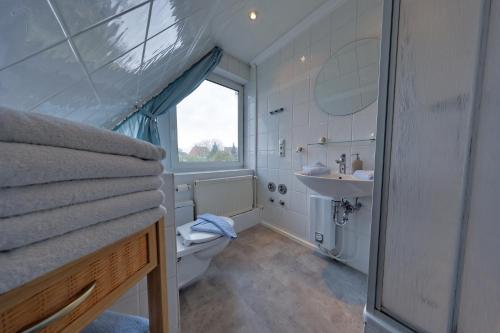 a bathroom with a toilet and a sink and a window at Landhaus Dreesen in Timmendorfer Strand