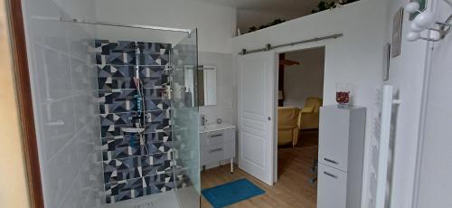 a bathroom with a shower with a glass wall at L escapade de la voie douce in Le Cheylard