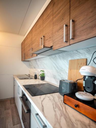 a kitchen with wooden cabinets and a counter top at Apartment Forstsee Ruhepol in Techelsberg am Worthersee
