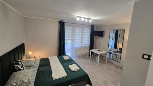 a bedroom with a bed and a table and a mirror at Pico Bello Płock in Płock