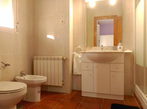 a bathroom with a sink and a toilet and a mirror at Hostal Restaurante "El Cercao" in Saúca