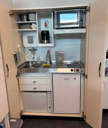 a small kitchen with a sink and a microwave at Apartment "Zum Rössel" Schönbrunn in Schönbrunn