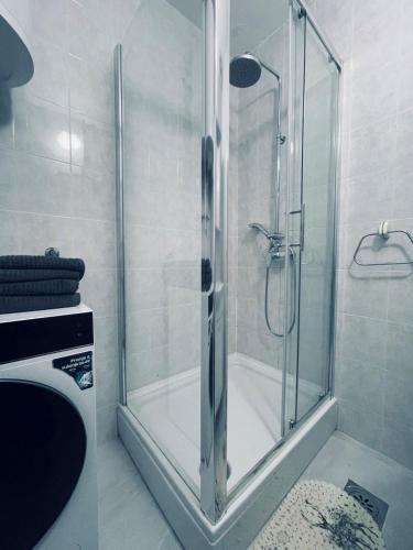 a shower with a glass door in a bathroom at Waterfall apartment in Plitvička Jezera