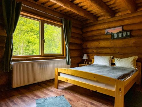 a bedroom with a bed in a log cabin at Craiasa Draganului in Poeni