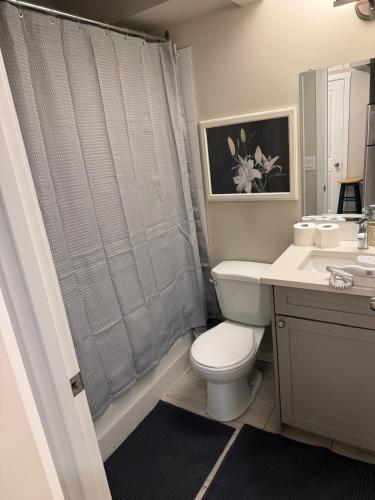 a bathroom with a toilet and a shower curtain at The Urban Nest 2 in Calgary