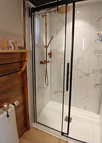 a shower with a glass door in a bathroom at Côté Cosy in Marche-en-Famenne