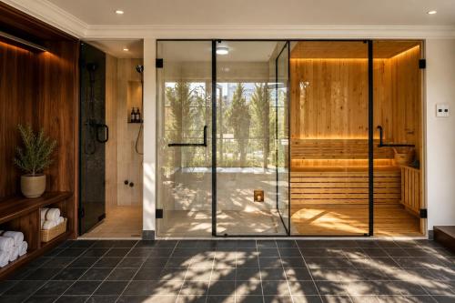 a glass pivot door in a home with a staircase at Light House Villa in Da Lat