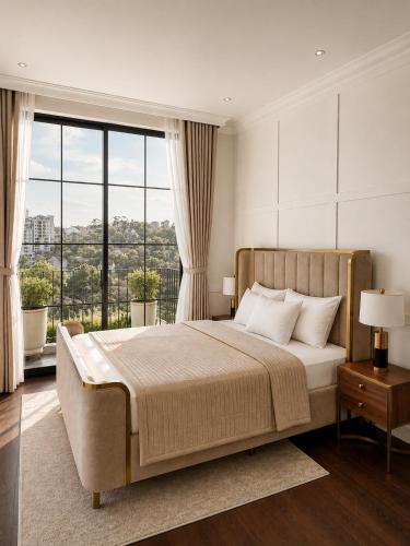 a bedroom with a large bed and a large window at Light House Villa in Da Lat