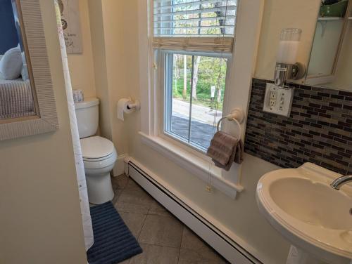 a bathroom with a toilet and a sink and a window at Bourne Bed and Breakfast in Ogunquit