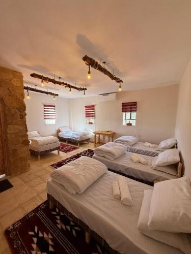 a room with four beds in a room with windows at DANA First View Hotel in Dana