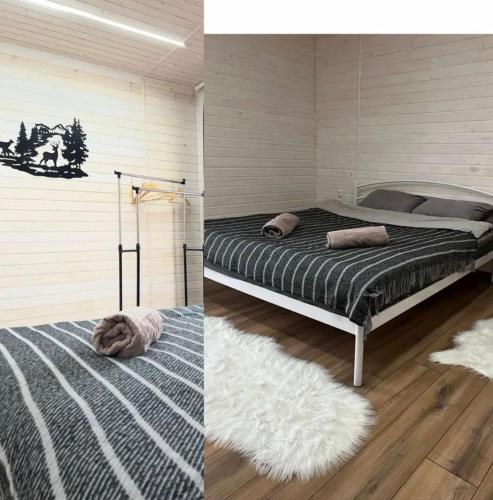 two pictures of a bedroom with a bed and a rug at vaav house in Tyudov