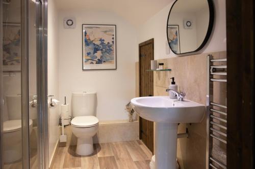 a bathroom with a sink and a toilet and a mirror at The Tollgate Inn in Bradford on Avon
