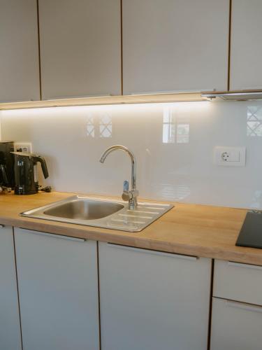 a kitchen with a sink and white cabinets at Hiša Liza in Kobarid