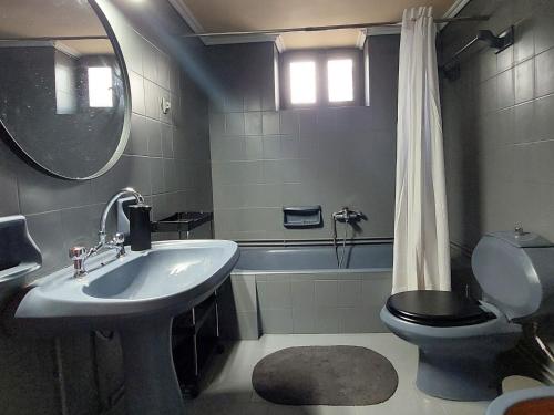 a bathroom with a sink and a toilet and a mirror at MAFILVI Panorama in Chrousa