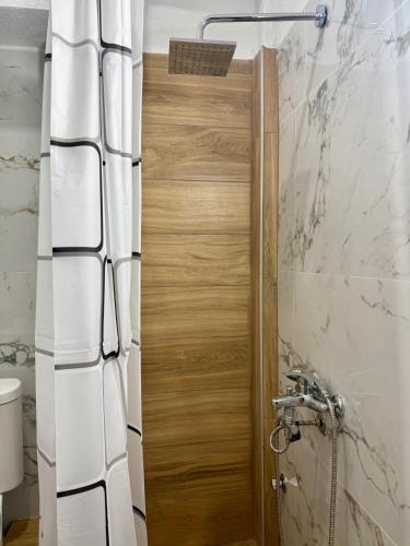 a wooden door in a bathroom with a toilet at Villa Athina C in Serres