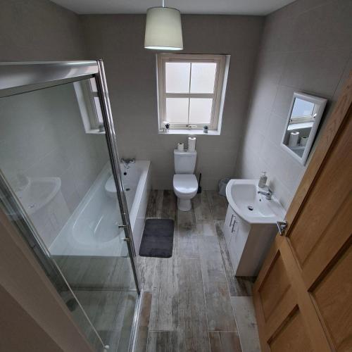 a bathroom with a shower and a toilet and a sink at Semos in Strabane