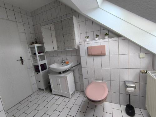 a bathroom with a pink toilet and a sink at Ferienwohnung am Riedrain in Eichenzell