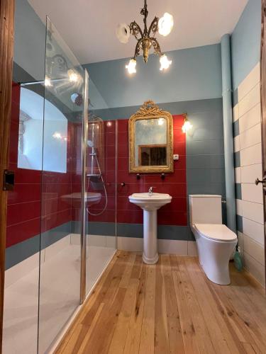 a bathroom with a shower and a sink and a toilet at Château du Bouy in Champétières