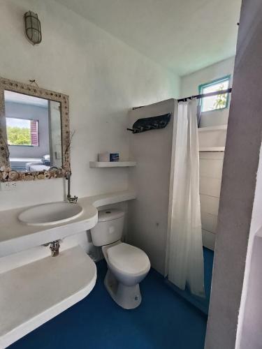 a bathroom with a toilet and a sink and a mirror at Casa Violeta Beach House in Rincón