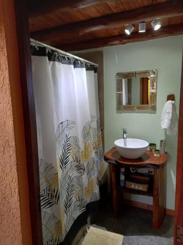 a bathroom with a sink and a shower curtain at CABAÑAS ALMA SERENA in Capilla del Monte
