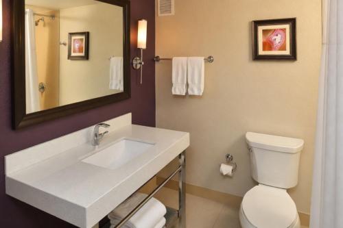 a bathroom with a sink and a toilet and a mirror at DoubleTree by Hilton Orlando East - UCF Area in Orlando