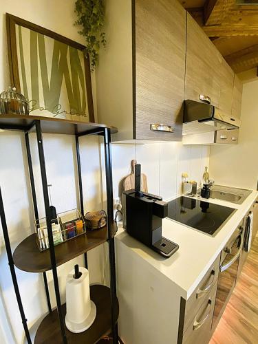 a kitchen with a counter top with a microwave at Zentrales Design Loft über den Dächern St Gallens in St. Gallen