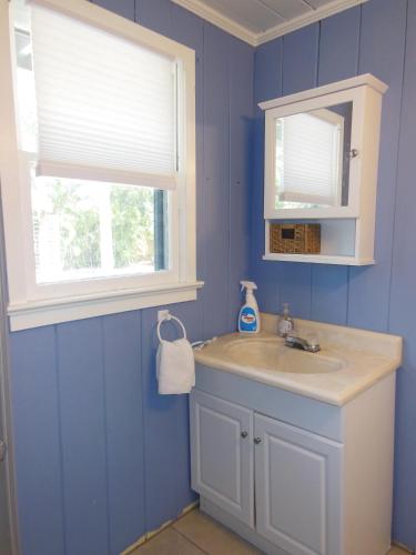 a blue bathroom with a sink and two windows at Indian Beach Cottage in Sarasota
