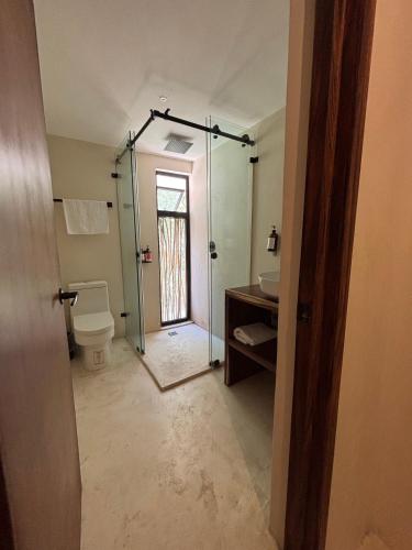 a bathroom with a toilet and a glass shower door at Hotel Boutique Alcalá Vallarta in Puerto Vallarta