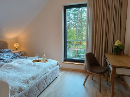 a bedroom with a bed and a desk and a window at W Sosnowym Lesie Pluski in Pluski