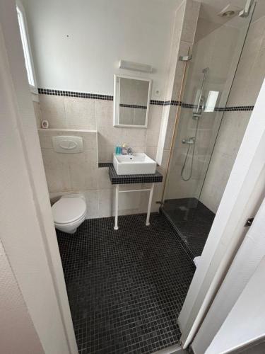 a bathroom with a sink and a toilet and a shower at Le Moutchico in Lacanau