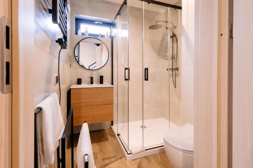 a bathroom with a shower and a toilet at Villa Pino in Borsk