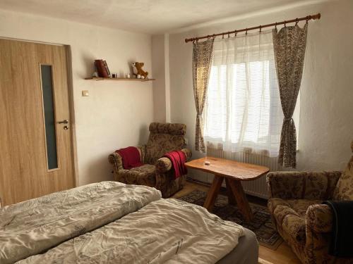 a living room with a bed and a table and chairs at Chalupa 73 in Desov