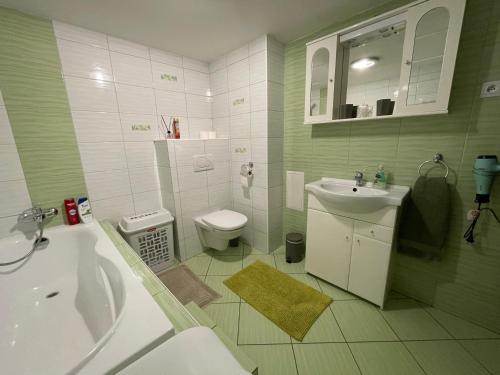 a green and white bathroom with a sink and a toilet at Apartmán Stráne in Martin