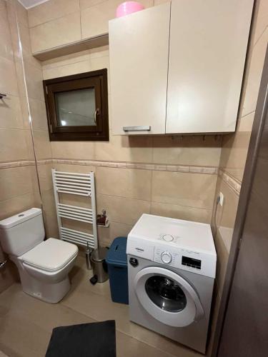 a small bathroom with a washing machine and a toilet at Angie Apartment in Ierissos