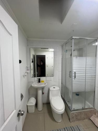 a bathroom with a toilet and a sink and a shower at Hostel Tu Espacio RE - Habitaciones cerca del Aeropuerto in Santiago