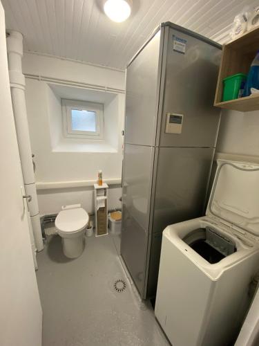 a small bathroom with a toilet and a sink at Maison typique auvergnate in Saint-Jacques-des-Blats