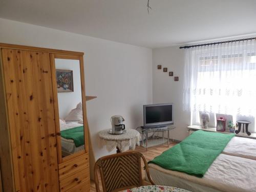 a bedroom with a bed and a television in it at Ferienwohnung Pasewalk Zentrum in Pasewalk