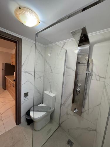 a bathroom with a toilet and a glass shower at Studio AZOTI in Kástron