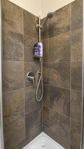 a bathroom with a shower with a purple shower head at Cap et Soleil Peaceful Private Garden, 2 Terraces, Pool, Garage, 5 Min Walk to Beach in Antibes