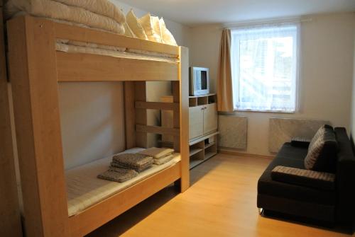 ヤブロネツ・ナト・イゼロウにあるBuranka Apartmentの二段ベッドとソファが備わる小さな客室です。