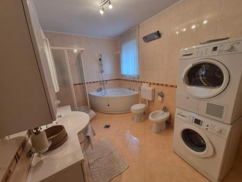 a bathroom with a sink and a washing machine at Gostišče Krka in Znojile pri Krki